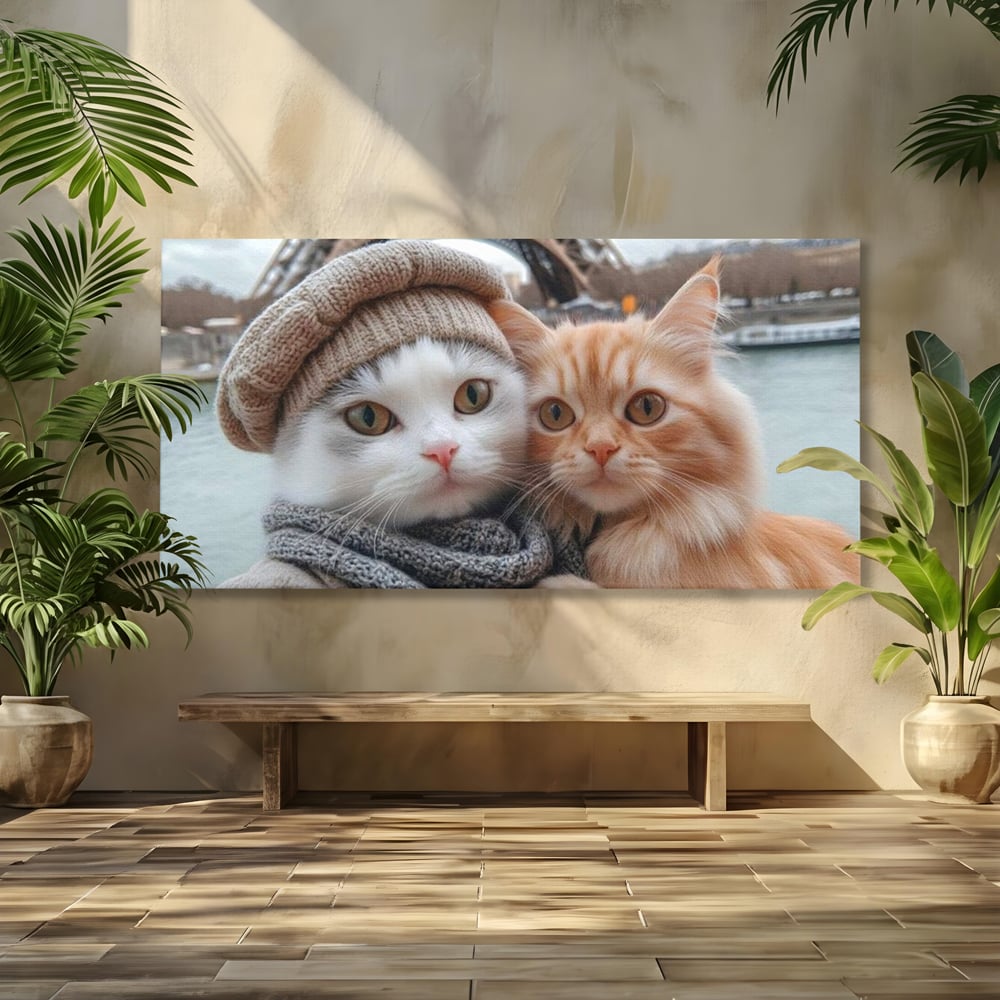 Tablou canvas cu tablou canvas cu pisici in paris, fara rama, pe sasiu de lemn